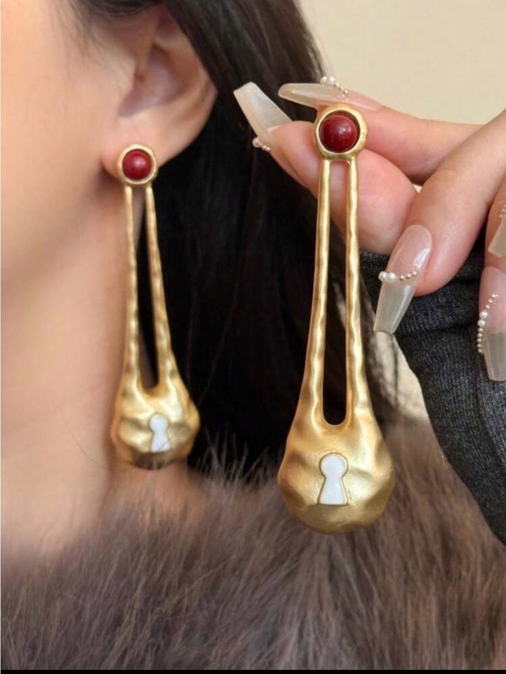 New Arrivals! Gold Drop Keyhole Earrings with Red Accent